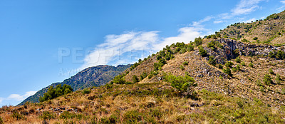 Buy stock photo Location, green and nature of mountain, outdoor and landscape of environment, adventure and view with peace. Hill, scenery and fresh air in morning, eco friendly and growth of plants and rocks