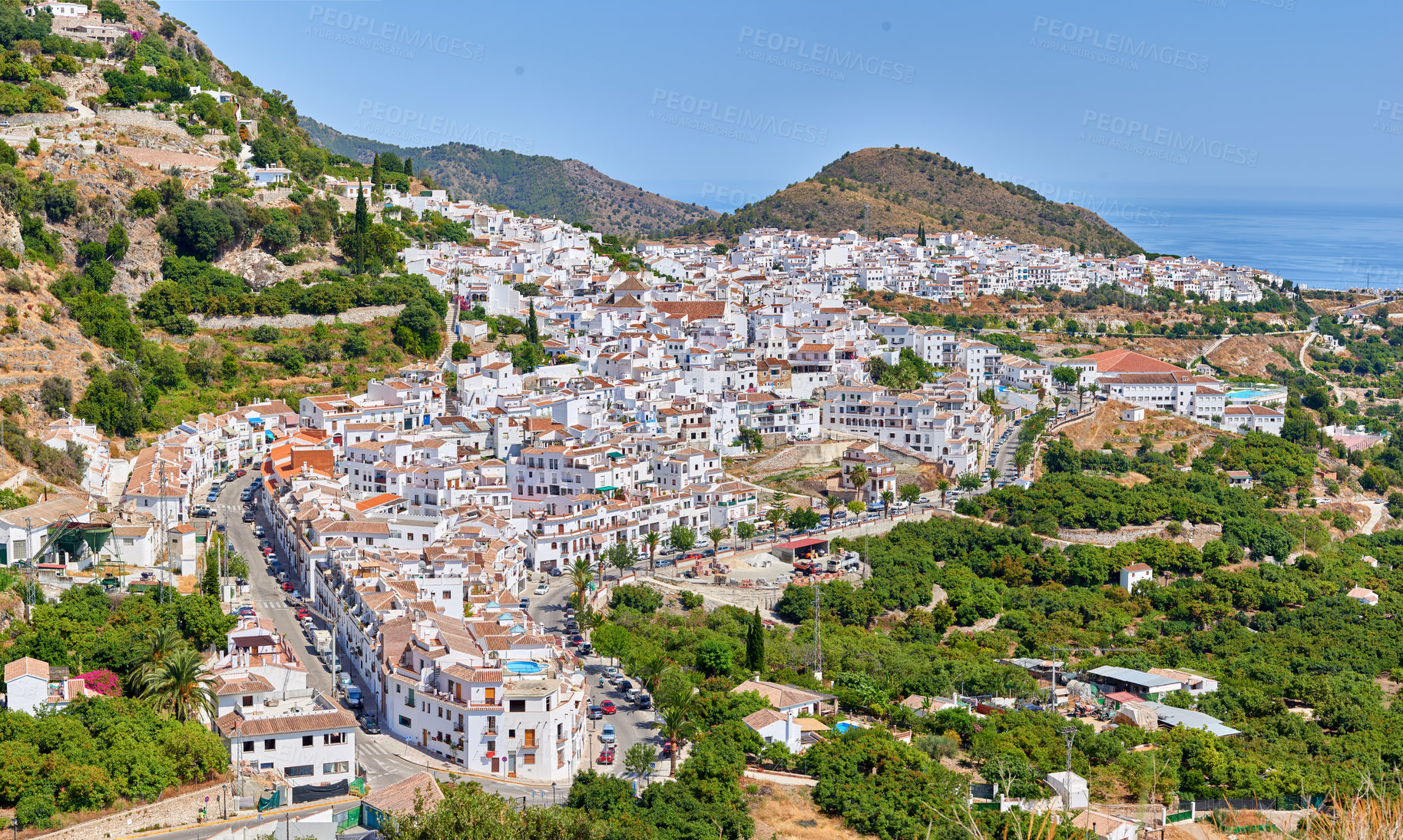 Buy stock photo Outdoor, buildings and village in nature, history and architecture of homes, sky and neighbourhood. Cliff, travel and peace of countryside, property and real estate on mountain, scenery and Spain