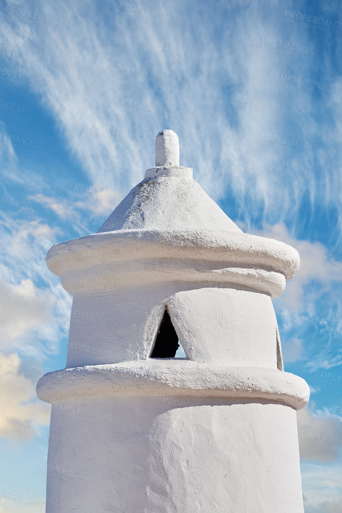 Buy stock photo Chimney, whitewash and architecture in village for ventilation, buildings and city design for wallpaper in Spain. Colahonda, stone structure and sky background on coast for heritage or aesthetic