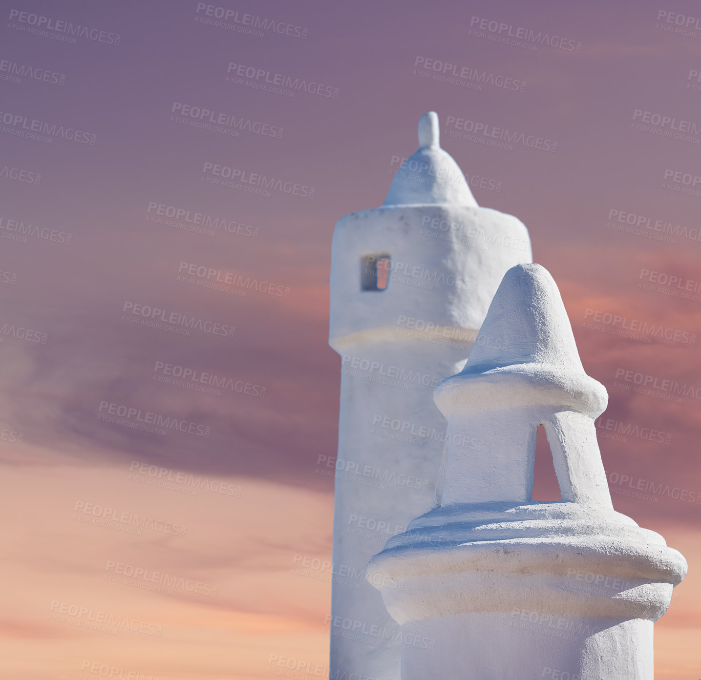 Buy stock photo Chimney, sunset and architecture in city for wallpaper, buildings or village design for ventilation in Spain. Colahonda, stone structure or sky background on coast for heritage or whitewash aesthetic