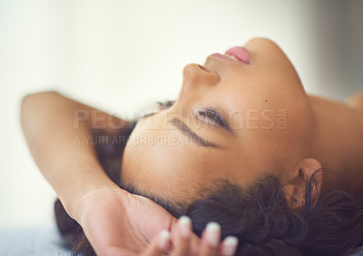 Buy stock photo Shot of a gorgeous young woman posing seductively in her bedroom