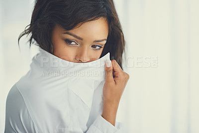 Buy stock photo Shot of a gorgeous young woman posing seductively in her bedroom