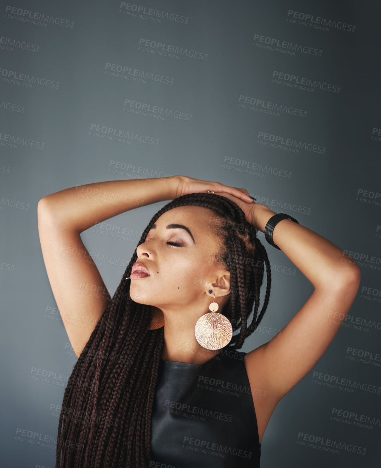 Buy stock photo Thinking, jewelry and black woman profile in studio with cosmetics, makeup and beauty. Confidence, idea and skin glow with dermatology, cosmetology and wellness with grey background and elegance 