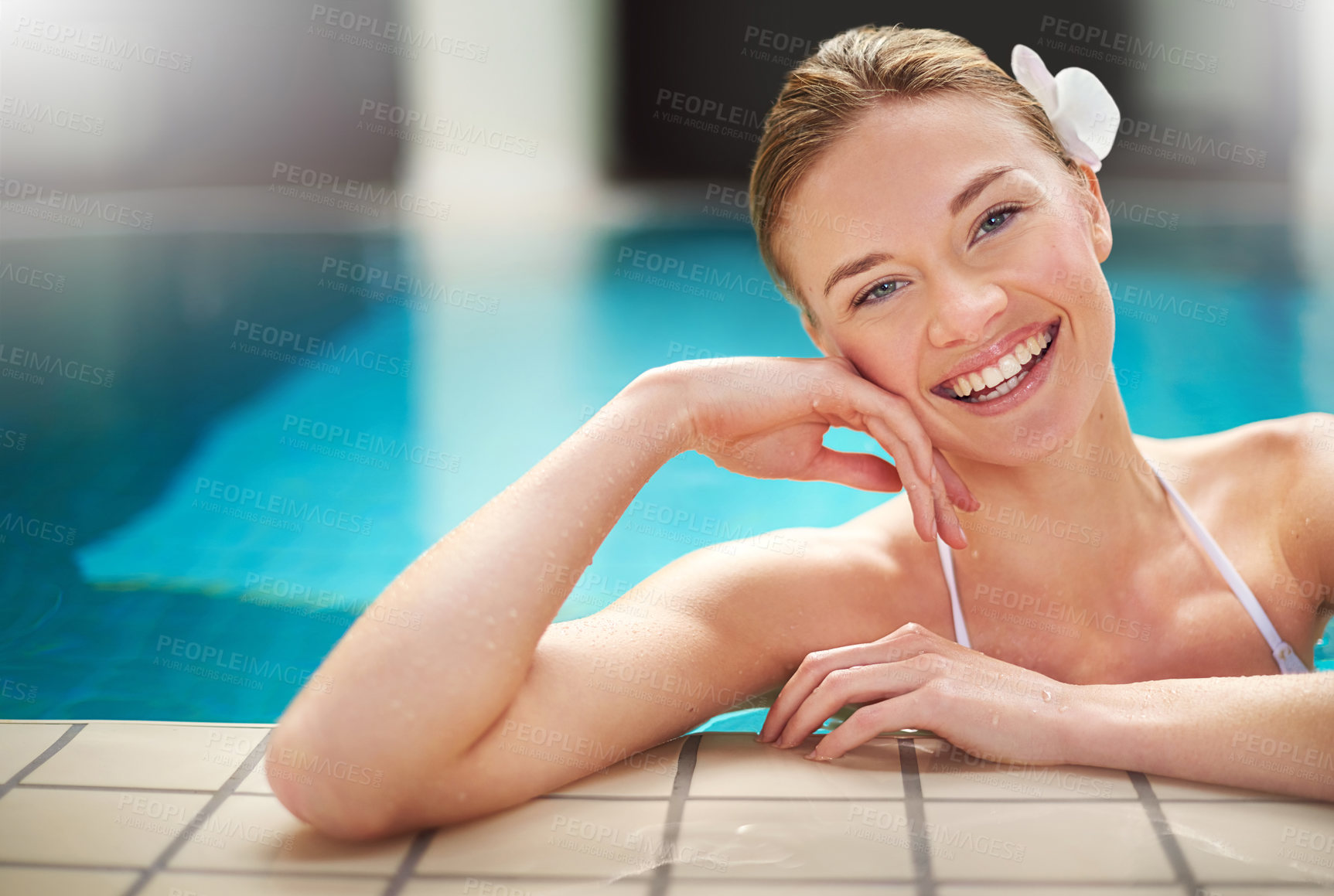 Buy stock photo Happy, portrait or woman in spa swimming pool for vacation, holiday or wellness and rest. Female person, relax and smiling at resort with water for summer getaway, weekend break or fun and self care