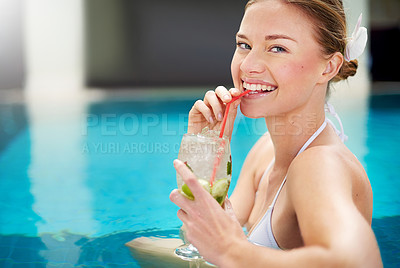 Buy stock photo Woman, cocktail and drink by swimming pool for summer, holiday and tropical vacation in portrait. Face of person or tourist at hotel with mojito, lime an alcohol in glass for outdoor break and fun