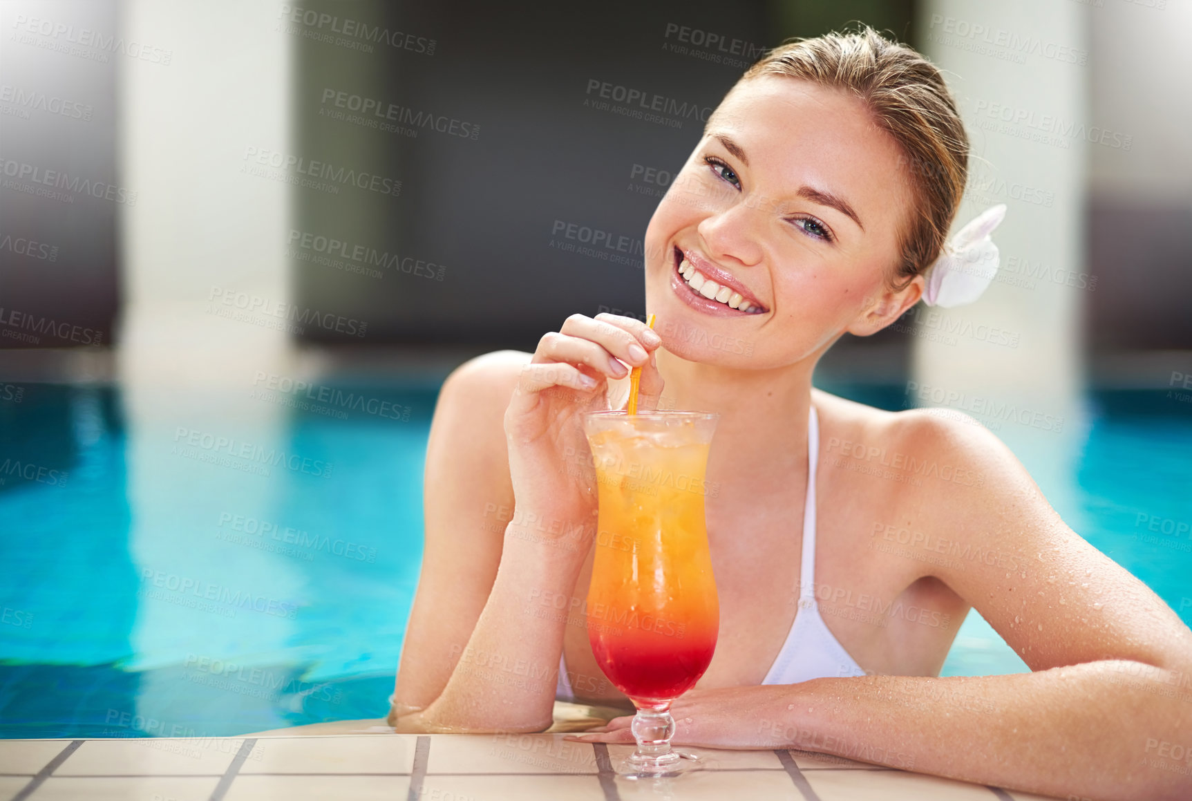 Buy stock photo Woman, cocktail and portrait by swimming pool for summer, holiday and tropical vacation at hotel. Happy face of young person or tourist with tequila sunrise and alcohol in glass for outdoor break