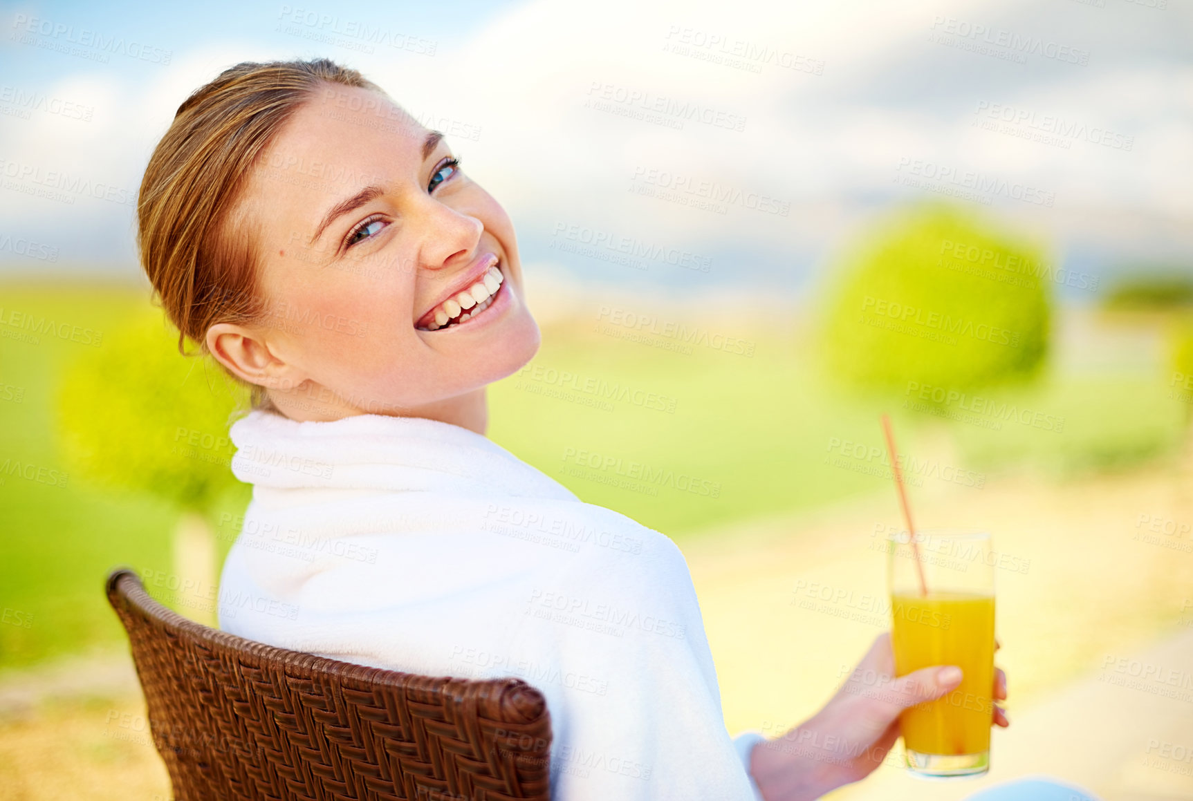Buy stock photo Portrait, outdoor and woman with orange juice, vacation and relax with happiness, summer and adventure. Face, person and girl with healthy drink, nutrition and cheerful with journey and getaway trip