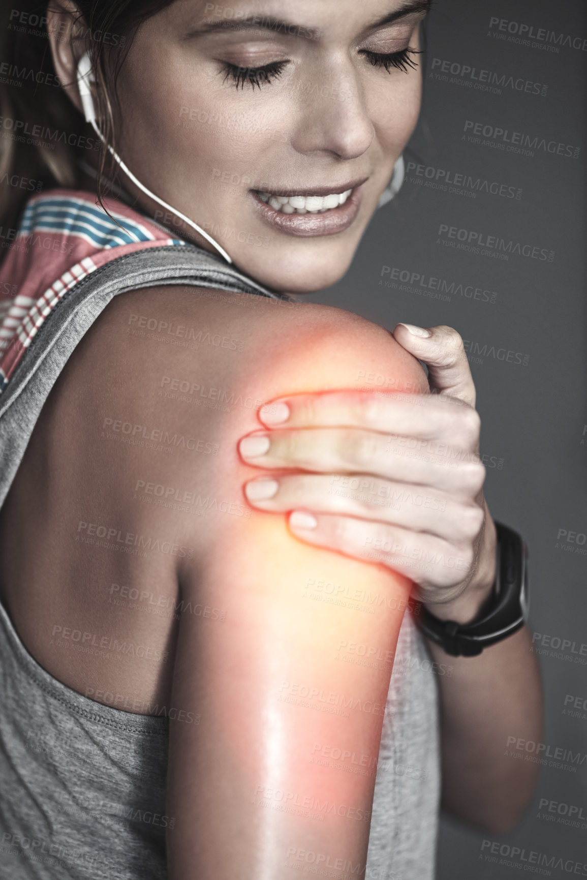 Buy stock photo Shoulder pain, woman and fitness with injury, red highlight and exercise with workout, broken and emergency. Closeup, person or girl with inflammation, medical and health issue with burnout or stress