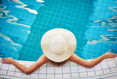 Buy stock photo Swimming pool, back and woman with luxury hotel, resort and lodge accommodation at spa in water. Outdoor, holiday and vacation with bikini and wellbeing with travel trip and bikini on patio in Miami