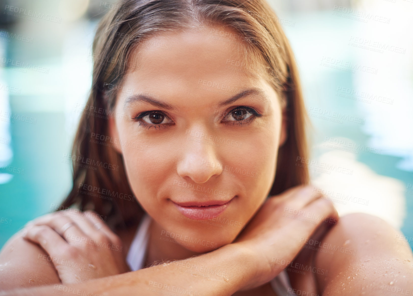 Buy stock photo Closeup, swimming pool and portrait of woman in spa for holiday, vacation and hospitality on weekend. Luxury resort, hotel and happy person by water in swimsuit for wellness, relaxing and health