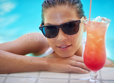Buy stock photo Cocktail, swimming pool and portrait of woman in spa for holiday, vacation and hospitality on weekend. Luxury resort, alcohol and happy person by water in swimsuit for wellness, relaxing and drinking