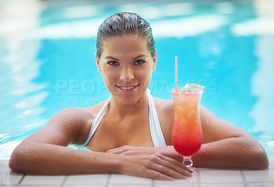 Buy stock photo Cocktail, swimming pool and portrait of happy woman in spa for holiday, vacation and hospitality on weekend. Luxury resort, alcohol and person by water in swimsuit for wellness, relaxing and drinking