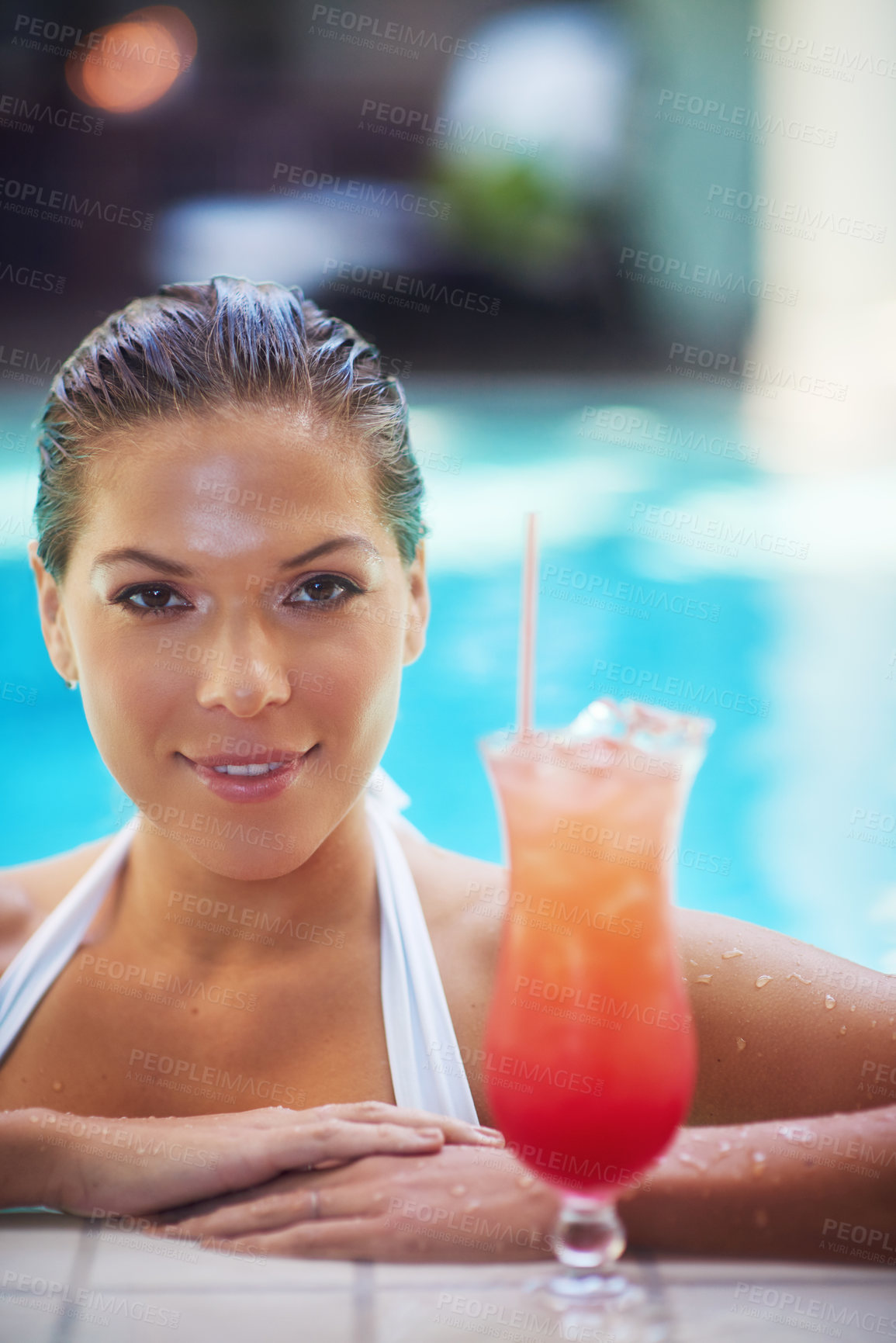 Buy stock photo Alcohol, swimming pool and portrait of woman in spa for holiday, vacation and hospitality on weekend. Luxury resort, hotel and happy person by water with cocktail for wellness, relaxing and drinking