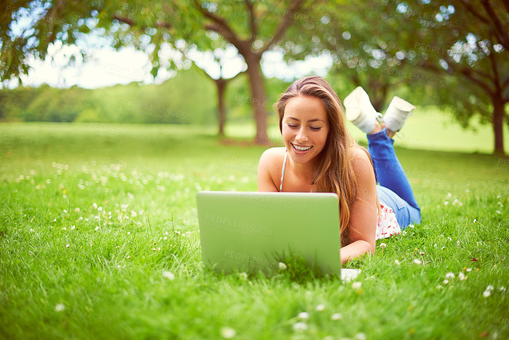 Buy stock photo Relax, woman and laptop on grass for education, research and blog or website on campus. College student, technology and happy in backyard or garden for network, online and ebook for learning or study