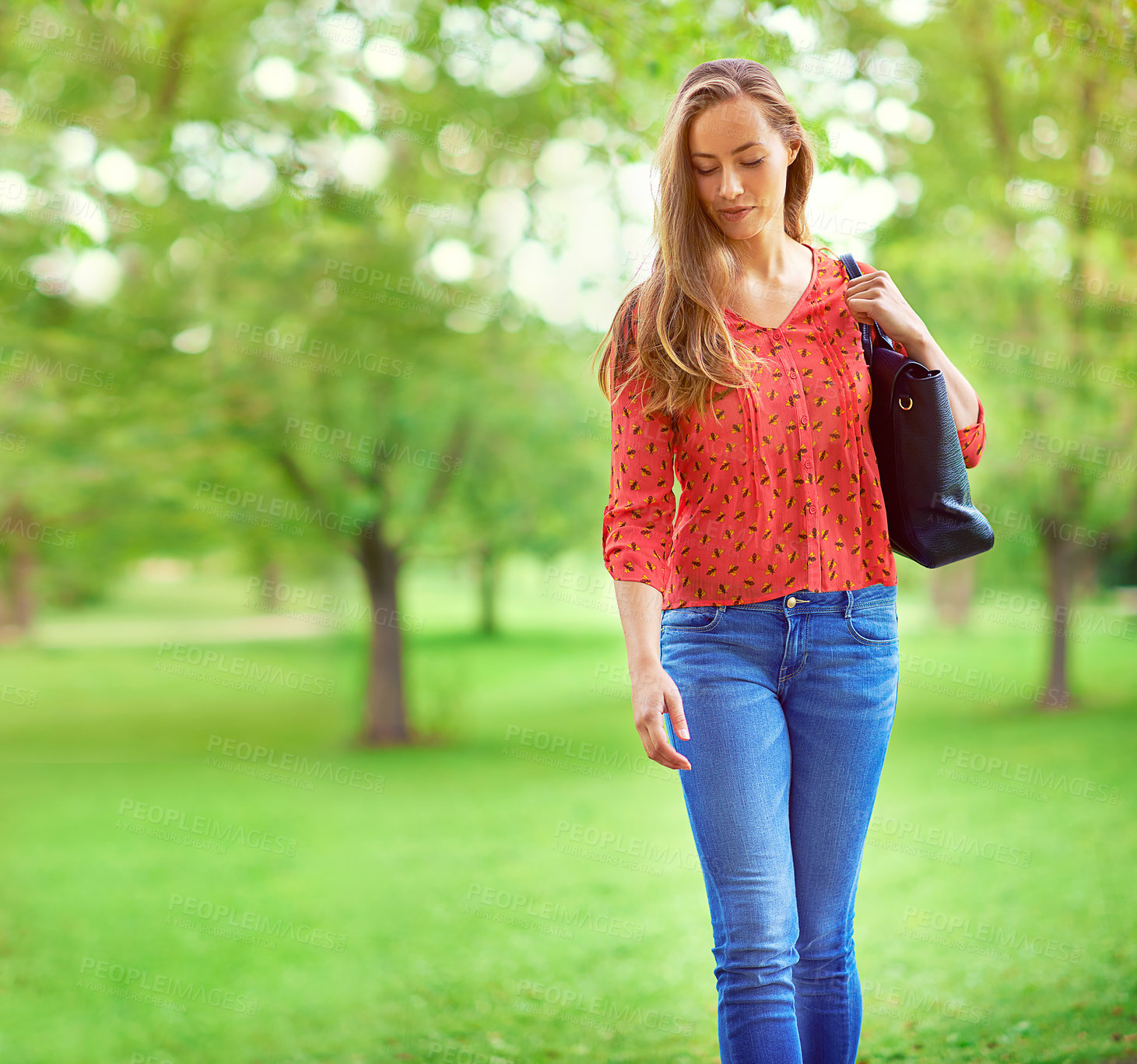 Buy stock photo Woman, walking and path for commute in park, employee and morning in outdoor nature. Female person, thinking and professional for journey on trail to work, handbag and contemplating on trip for space