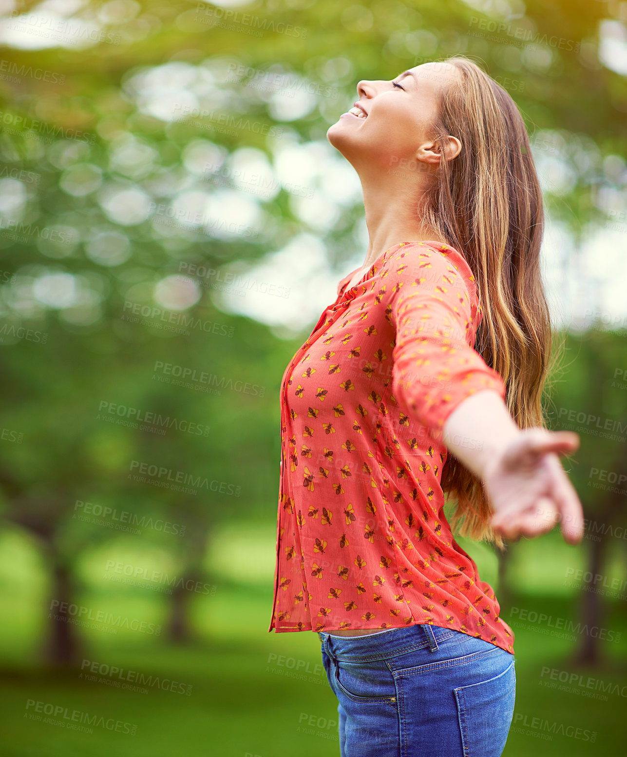 Buy stock photo Woman, smile and freedom or thinking in park for journey, adventure and morning in nature. Female person, happy and ideas or inspiration with positive mindset in garden for relax and calm on weekend