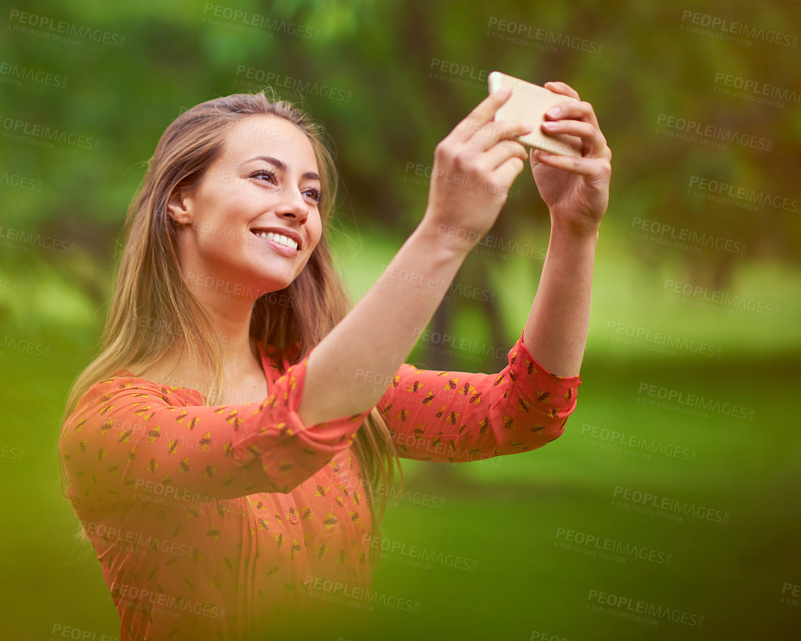 Buy stock photo Woman, outside and smile selfie in park, happiness and photography in nature for memories on weekend break. Social media, blog update and confident on summer holiday, garden and relaxed in Canada