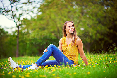 Buy stock photo Thinking, grass field and woman with nature, relax and ideas break, flowers and carefree moment. Outdoor, person and girl with happiness, ecology and spring with inspiration, student and vitamin D