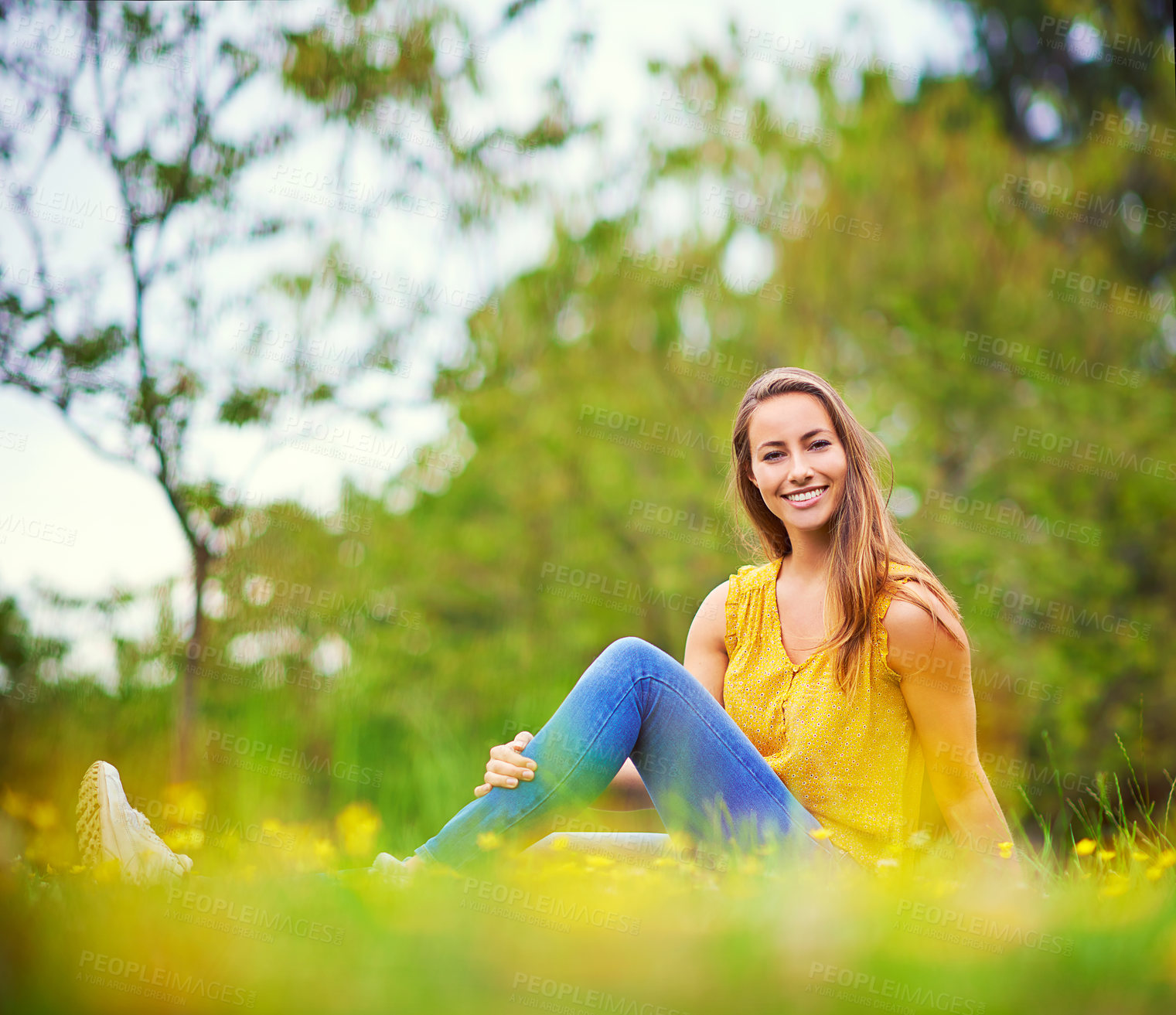 Buy stock photo Woman, field and happy in spring for portrait, relax and stress relief in countryside. Female teacher, smile and unwind in nature for inspiration, positive mental health and wellness in Australia