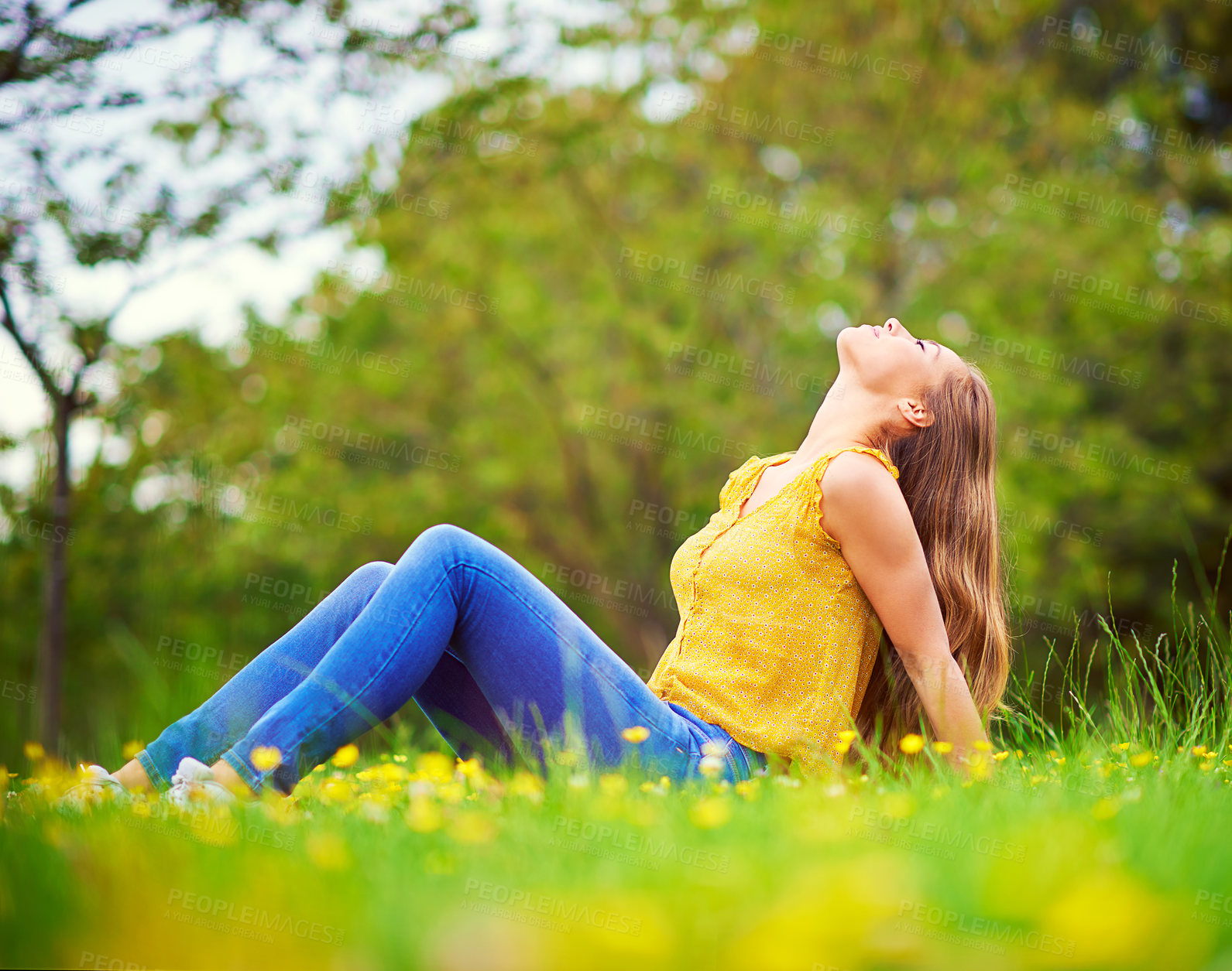 Buy stock photo Thinking, grass field and woman with nature, comfort and ideas with wellness break, flowers and relax. Vitamin D, person and girl with ecology, comfort or spring with inspiration, student or sunshine