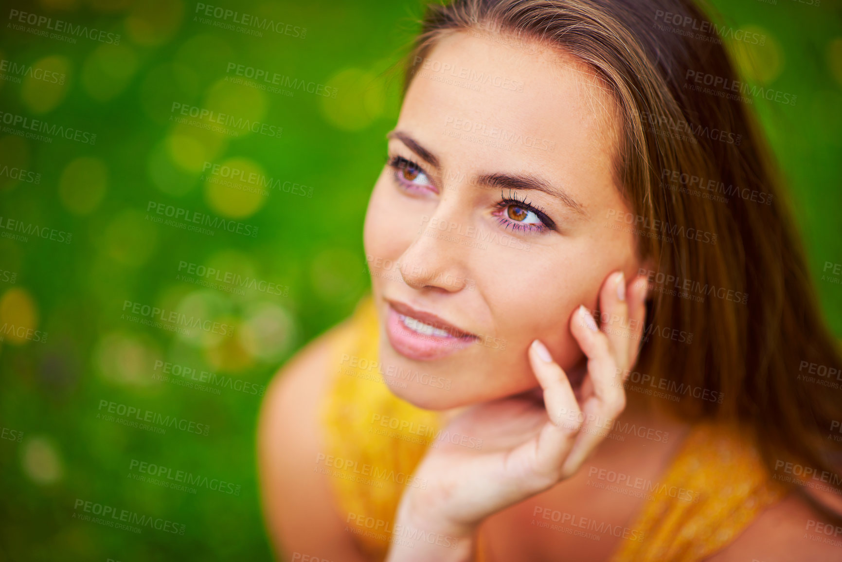 Buy stock photo Thinking, outdoor and woman with nature, relax and ideas break, flowers and carefree moment. Field, person and girl with happiness, ecology and stress relief with inspiration, wellness and vitamin D