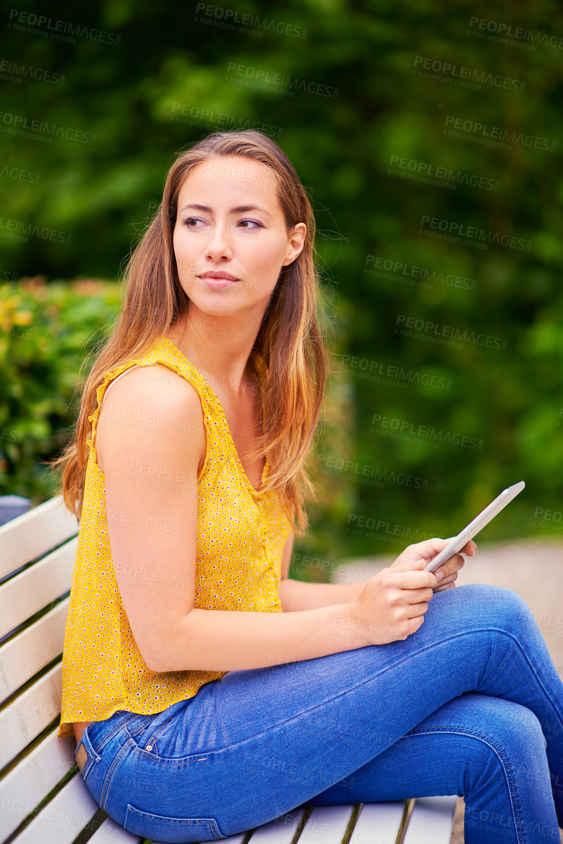 Buy stock photo Thinking, woman and tablet in park for media, research and ideas for school project. College student, memory and technology on bench or campus for social network, communication or online for feedback