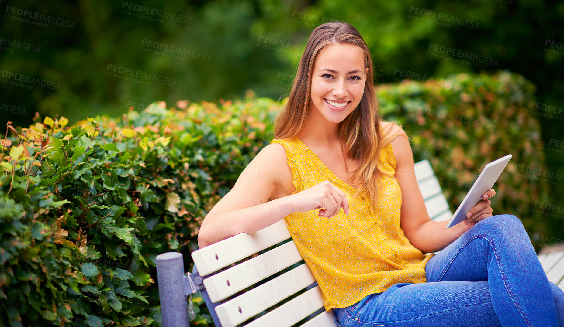 Buy stock photo Tablet, woman and outdoor portrait for study, research and networking for university project. College student, happy and technology on bench in park for social media, connection and online for ebook