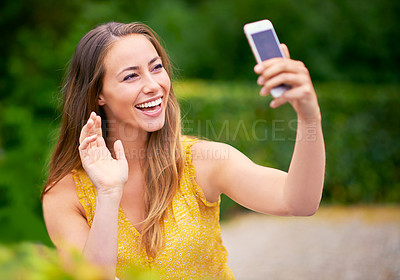 Buy stock photo Woman, park and happy or wave with selfie for fun, social media and profile picture in New York. Female person, outdoor and smile or laugh on break to relax, chill and rest in garden with memories