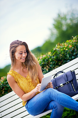 Buy stock photo Woman, park and happy with tablet for online dating or social media for networking and fun. Female person, outdoor and smile with waiting for date on digital app for communication in New York