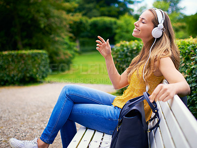 Buy stock photo Nature, relax and woman with headphones in park for streaming service, listening to music or radio. Outdoor, enjoy and person with eyes closed on bench for happiness, playlist or weekend break