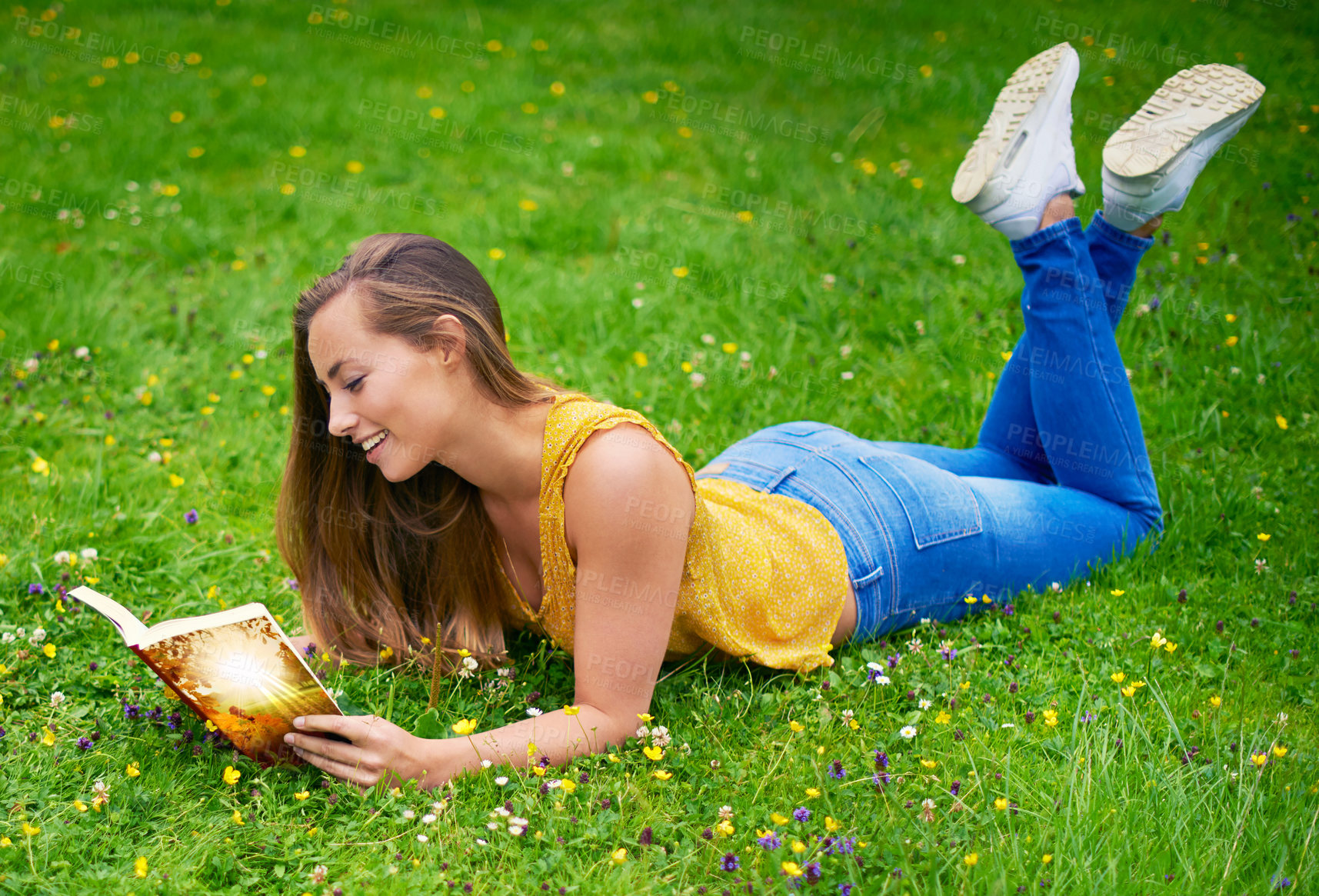 Buy stock photo Woman, book and reading in nature for relax, story telling or fantasy adventure in field. Female teacher, smile or novel on grass for magical tale, interesting literature or inspiration in Australia