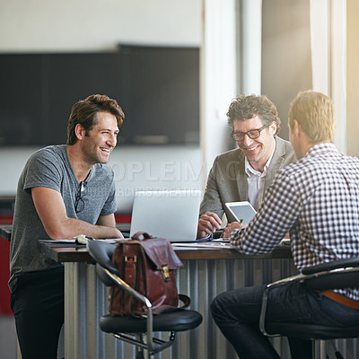 Buy stock photo Professional man, partner and laptop with team in office for meeting, creative and company startup. Men, tablet and business deal in modern workspace for recruitment agency, strategy and discussion