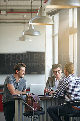 Buy stock photo Colleague, laptop and talking in office for web project, career and online research on digital report. Mature people or professional person with tech for email, team work and planning web on mockup