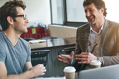 Buy stock photo Colleague, talking and coffee in office for company career and planning for business strategy in discussion with laptop. Professional person or analyst with employee and smile for innovative feedback