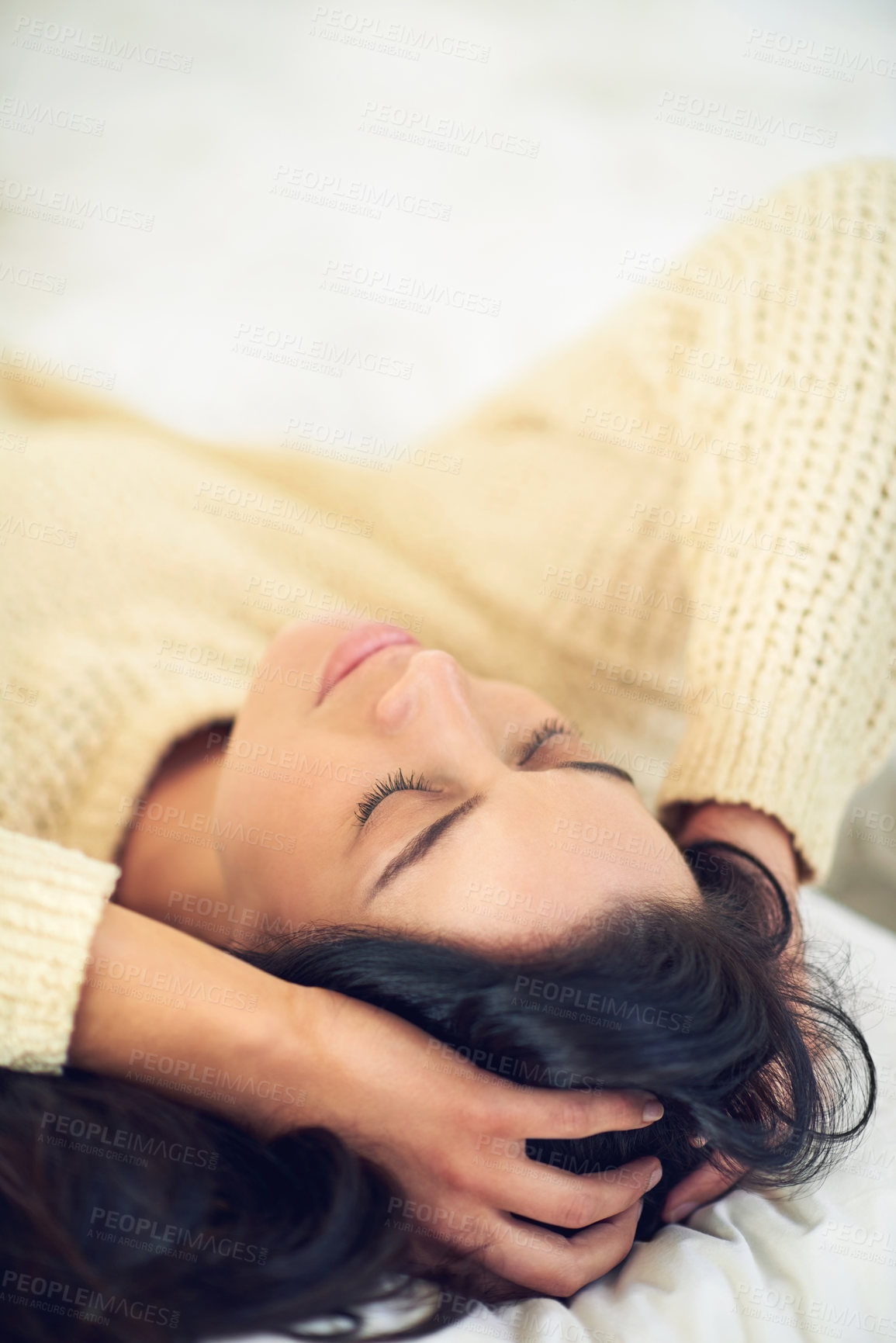 Buy stock photo Woman, sleeping and bedroom for relaxing dream, home and weekend for resting nap in house. Female person, comfortable and bed for lying on morning, tired and linen for peace on duvet or stress relief