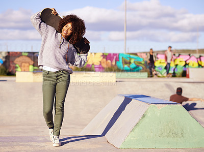Buy stock photo Skatepark, fashion and portrait of black woman with skateboard in city for skating, training and hobby. Skater, happiness and face of female person for trendy, edgy and hipster clothing in town