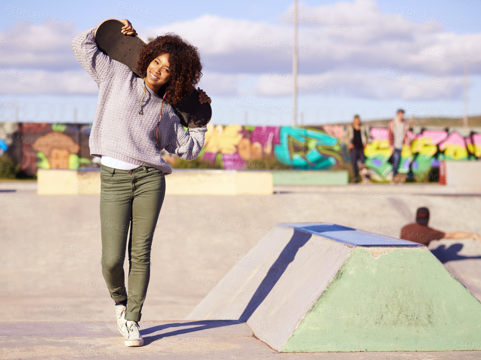 Buy stock photo Skatepark, fashion and portrait of black woman with skateboard in city for skating, training and hobby. Skater, happiness and face of female person for trendy, edgy and hipster clothing in town