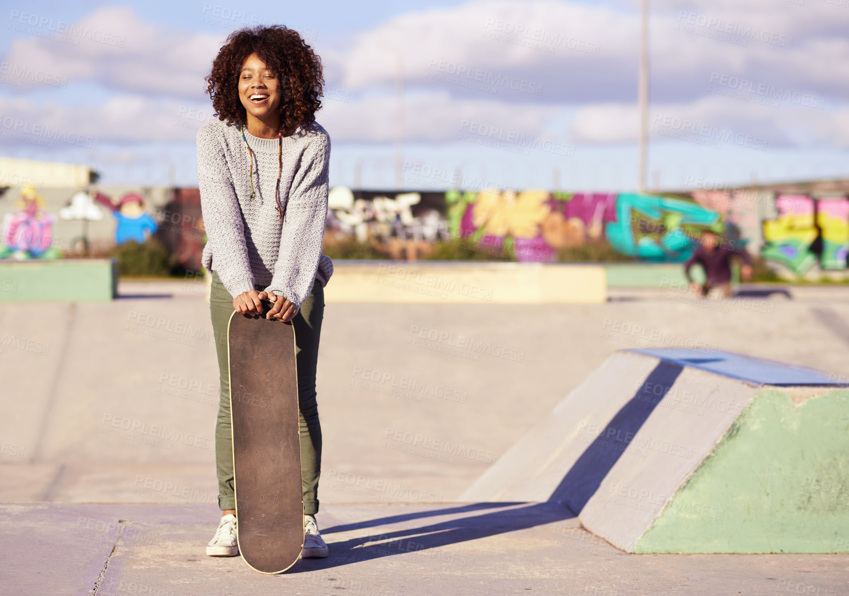 Buy stock photo Skatepark, fashion and black woman with skateboard in city for exercise, training and skating. Skater, smile and happy female person for trendy, edgy style and hipster clothing in urban town