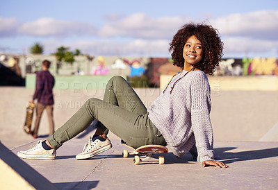 Buy stock photo Black woman, smile and skateboard at skatepark for hobby outdoor to practice, training and relax in Atlanta. Female person, skater and happy with sport activity to chill, fun and leisure or break