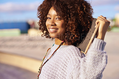 Buy stock photo Portrait, happy woman and skateboard on street in city in summer for sport, health and exercise outdoor. Face, skate park and smile of person or girl in casual clothes for fashion in South Africa