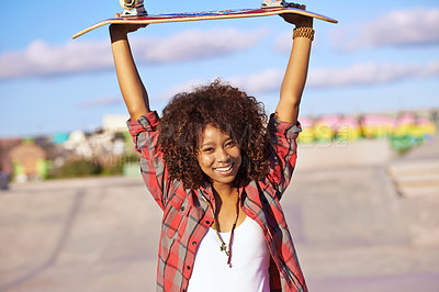 Buy stock photo Portrait, smile and woman with skateboard for celebration, success or winning with arms raised in city outdoor. Victory, skate park and happy person in casual clothes with achievement in South Africa