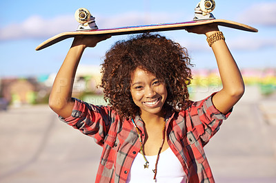 Buy stock photo Portrait, smile or woman with skateboard on street in summer for sport, fashion or exercise outdoor in city. Happy person, skate park or face of gen z girl in casual clothes for style in South Africa