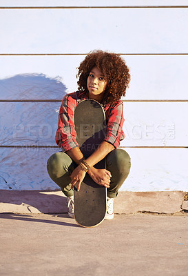 Buy stock photo Skateboard, fashion and portrait of black woman for competition, hobby and exercise in skatepark. Skater, smile and face of female person for trendy, edgy and hipster clothing in San Francisco