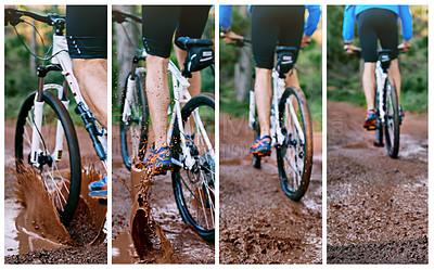 Buy stock photo Composite image of a cyclist riding along a muddy mountain bike trail
