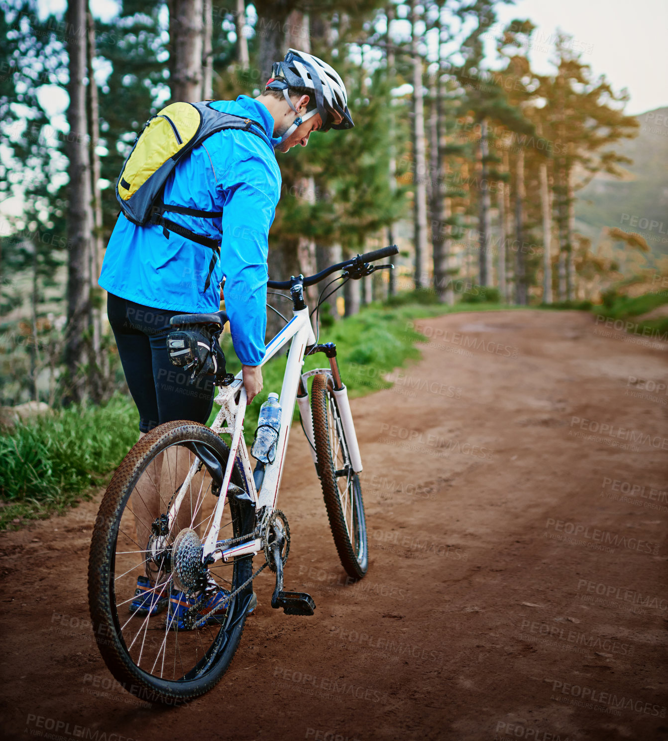 Buy stock photo Walking, forest and cyclist with flat tire on bicycle for problem, maintenance or repair. Nature, back view and man with wheel puncture for physical activity, outdoor hobby or cardio training