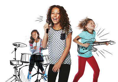Buy stock photo Studio shot of children playing rock music on imaginary instruments