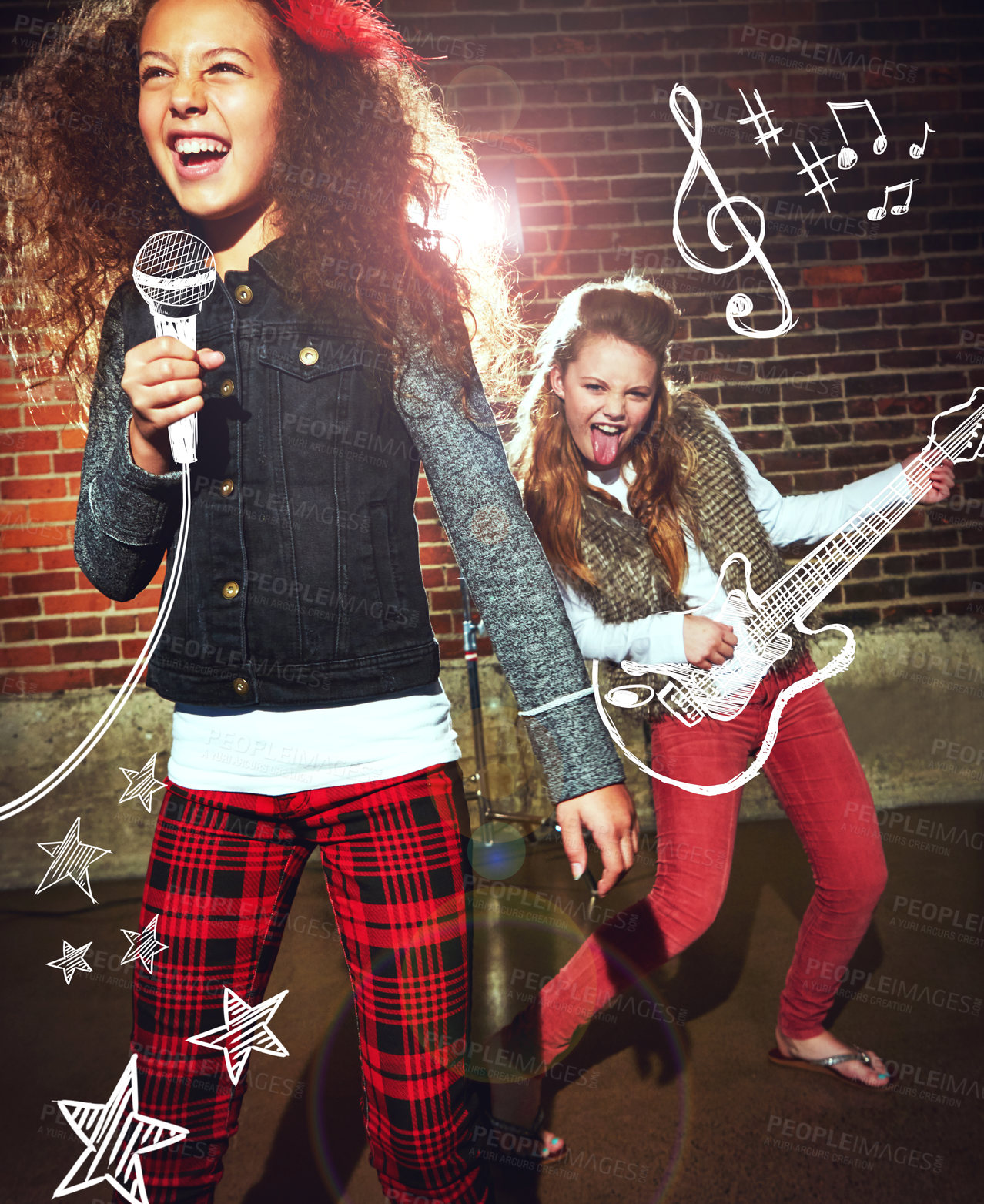 Buy stock photo Shot of two girls singing and playing rock music on imaginary instruments