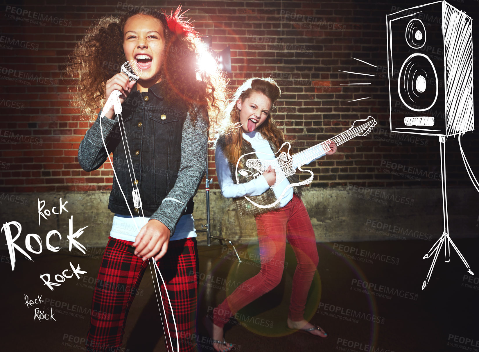 Buy stock photo Shot of two girls singing and playing rock music on imaginary instruments
