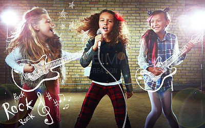 Buy stock photo Shot of children singing and playing rock music on imaginary instruments