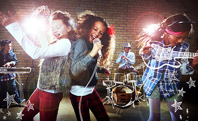 Buy stock photo Shot of children singing and playing rock music on imaginary instruments